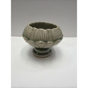 Vintage Thai Celadon Footed Bowl Green Glaze Carved Ribbed Stoneware Marked
